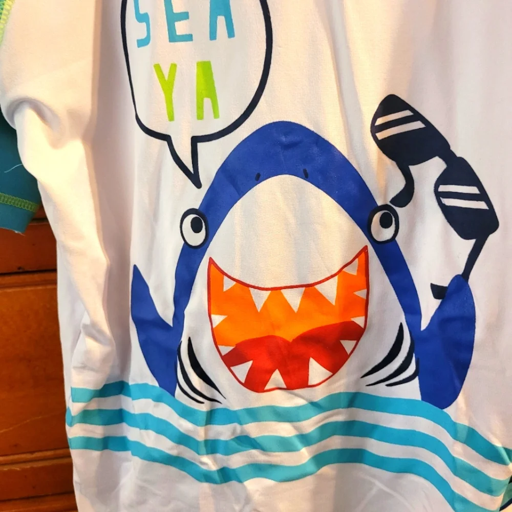 NEW 2 Pc Swim Trunks With Rash Guard Shirt ~4T~Quad Seven~Shark~